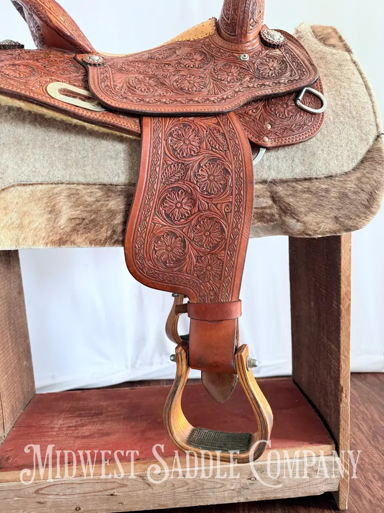 14” Paul Taylor Saddle Co. Western Barrel Saddle Ostrich Seat Fully Tooled