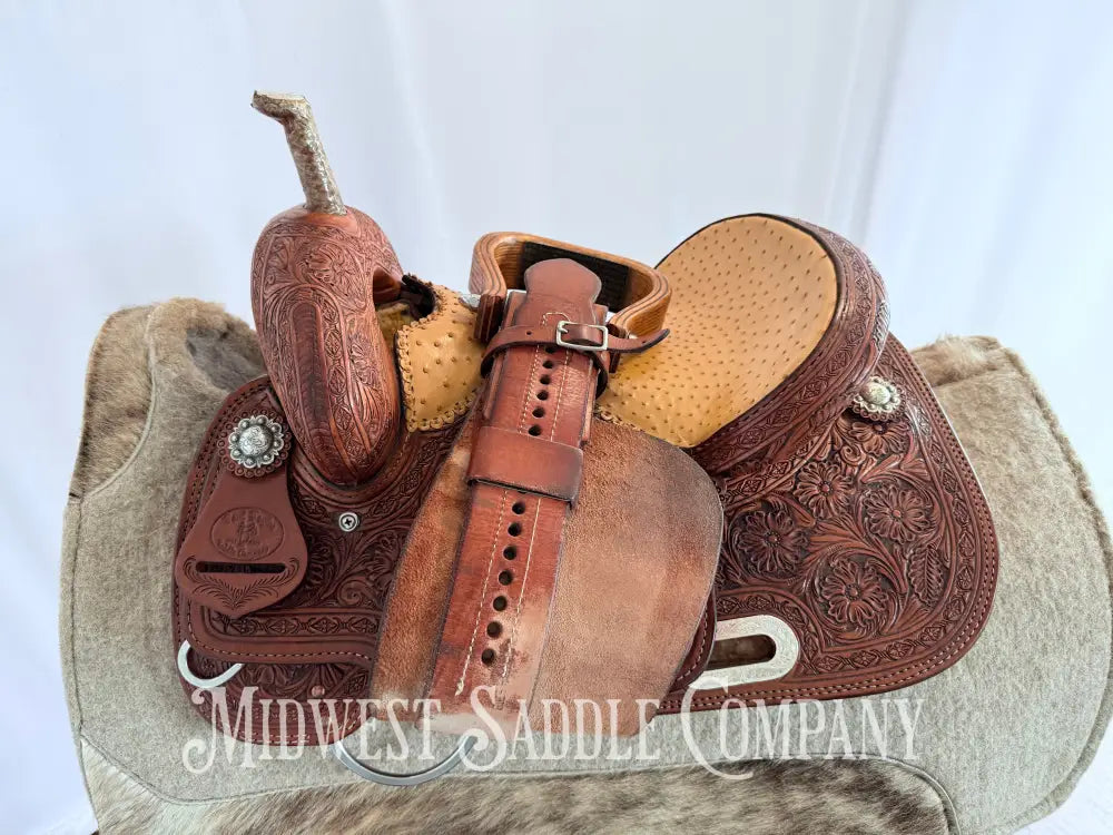 14” Paul Taylor Saddle Co. Western Barrel Saddle Ostrich Seat Fully Tooled