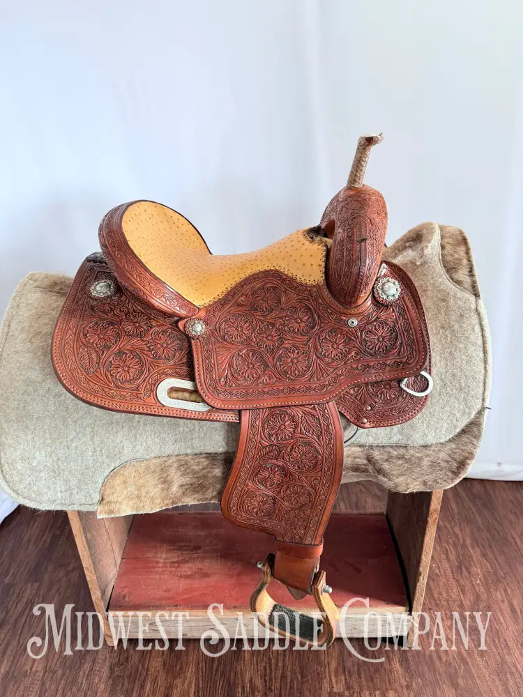 14” Paul Taylor Saddle Co. Western Barrel Saddle Ostrich Seat Fully Tooled