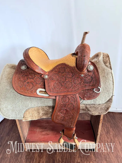 14” Paul Taylor Saddle Co. Western Barrel Saddle Ostrich Seat Fully Tooled