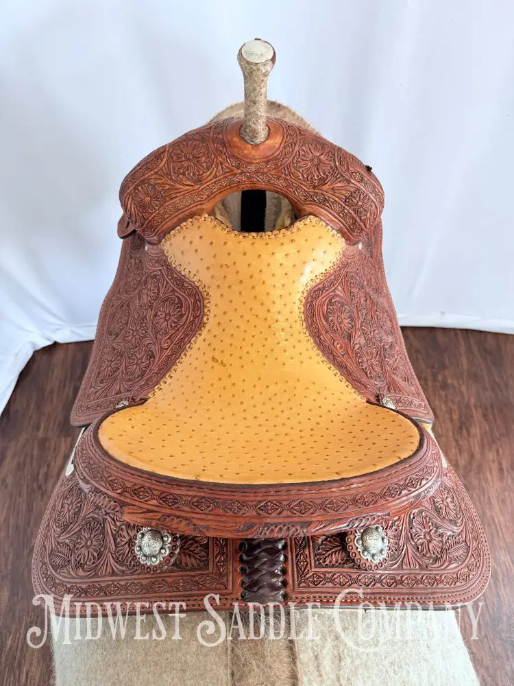 14” Paul Taylor Saddle Co. Western Barrel Saddle Ostrich Seat Fully Tooled