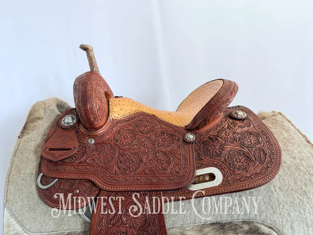 14” Paul Taylor Saddle Co. Western Barrel Saddle Ostrich Seat Fully Tooled