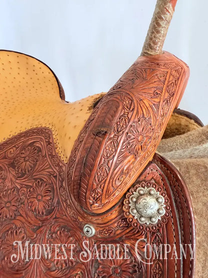 14” Paul Taylor Saddle Co. Western Barrel Saddle Ostrich Seat Fully Tooled
