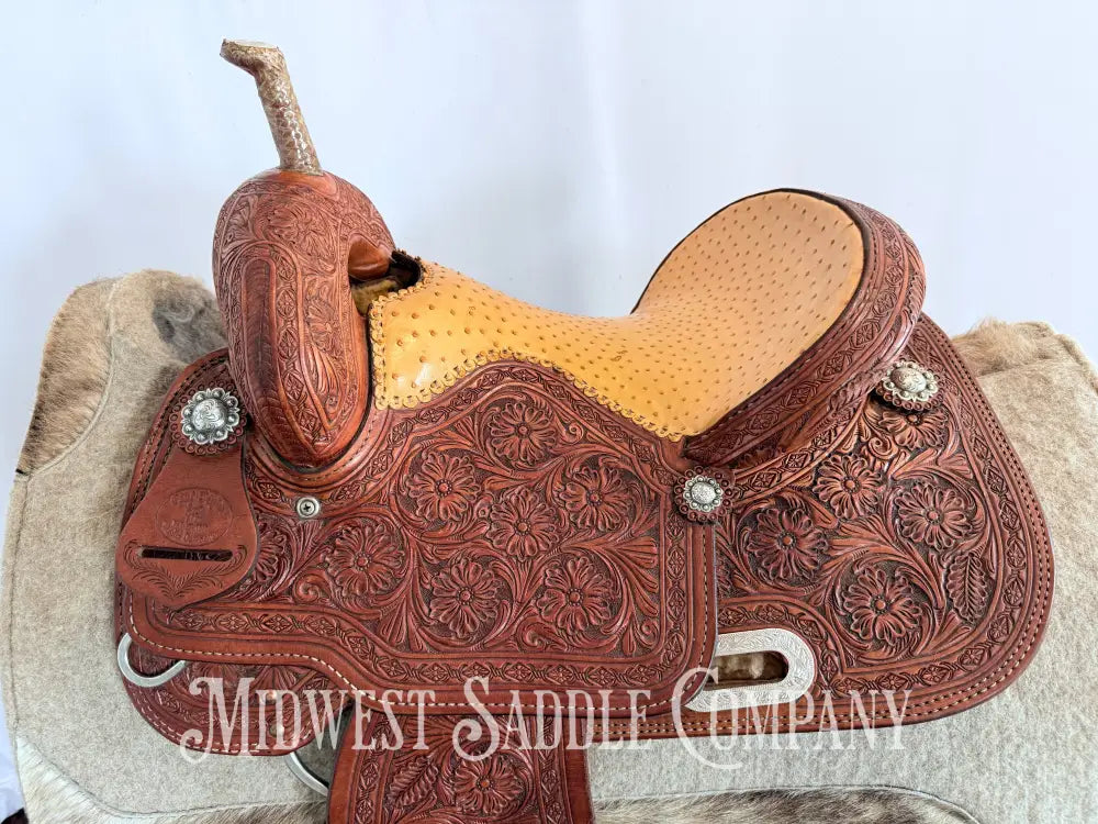 14” Paul Taylor Saddle Co. Western Barrel Saddle Ostrich Seat Fully Tooled