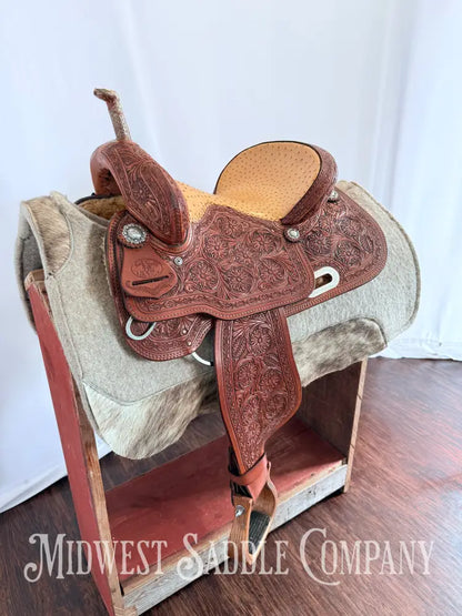14” Paul Taylor Saddle Co. Western Barrel Saddle Ostrich Seat Fully Tooled