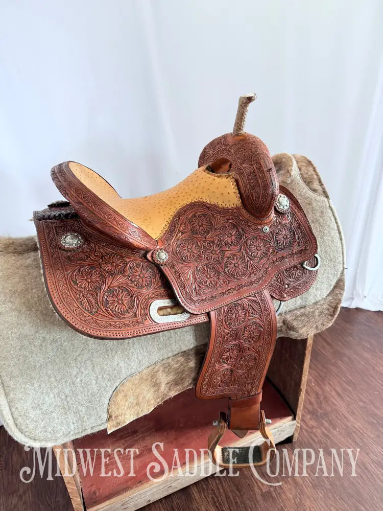 14” Paul Taylor Saddle Co. Western Barrel Saddle Ostrich Seat Fully Tooled