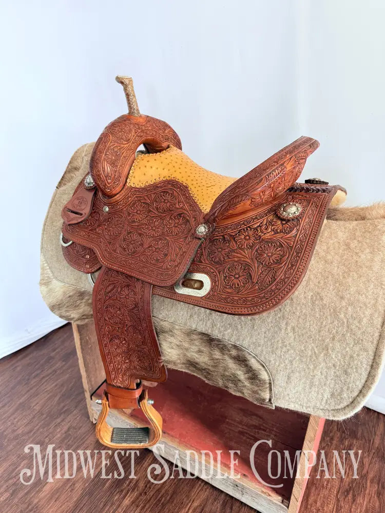 14” Paul Taylor Saddle Co. Western Barrel Saddle Ostrich Seat Fully Tooled