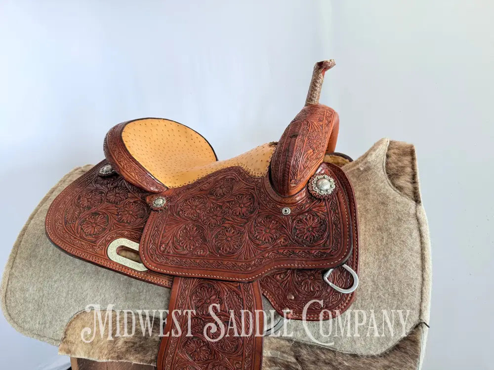 14” Paul Taylor Saddle Co. Western Barrel Saddle Ostrich Seat Fully Tooled
