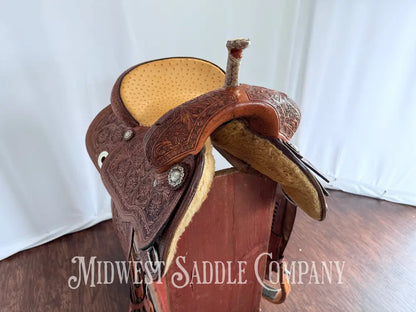 14” Paul Taylor Saddle Co. Western Barrel Saddle Ostrich Seat Fully Tooled