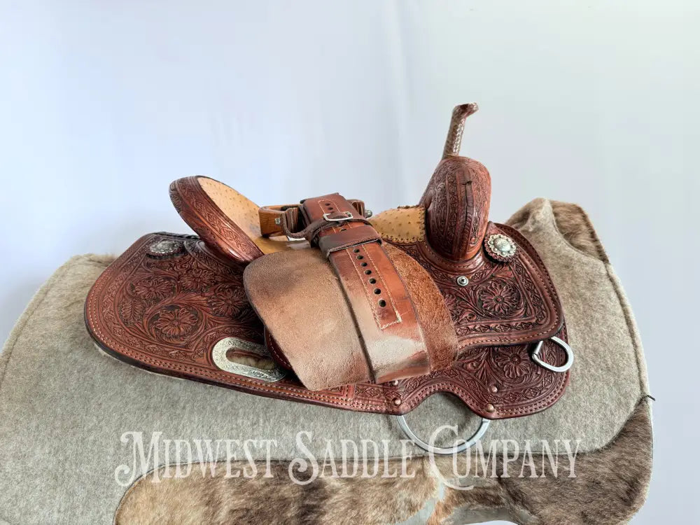 14” Paul Taylor Saddle Co. Western Barrel Saddle Ostrich Seat Fully Tooled