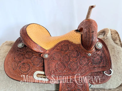 14” Paul Taylor Saddle Co. Western Barrel Saddle Ostrich Seat Fully Tooled