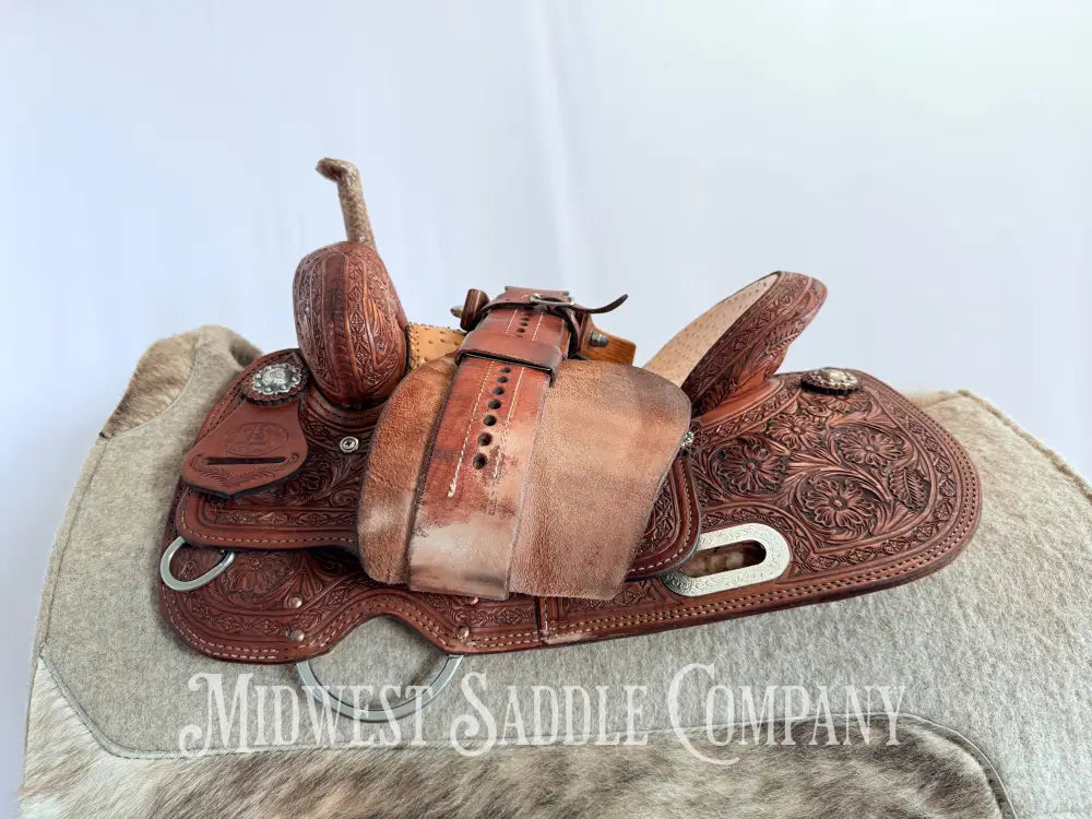 14” Paul Taylor Saddle Co. Western Barrel Saddle Ostrich Seat Fully Tooled