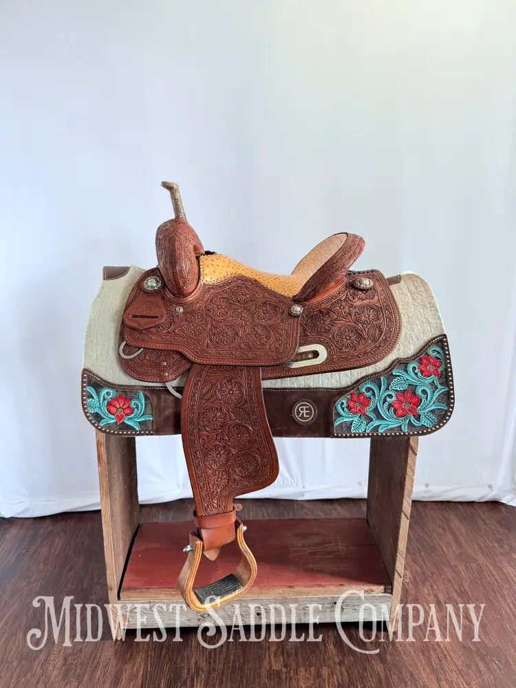 14” Paul Taylor Saddle Co. Western Barrel Saddle Ostrich Seat Fully Tooled