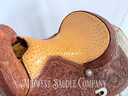 14” Paul Taylor Saddle Co. Western Barrel Saddle Ostrich Seat Fully Tooled