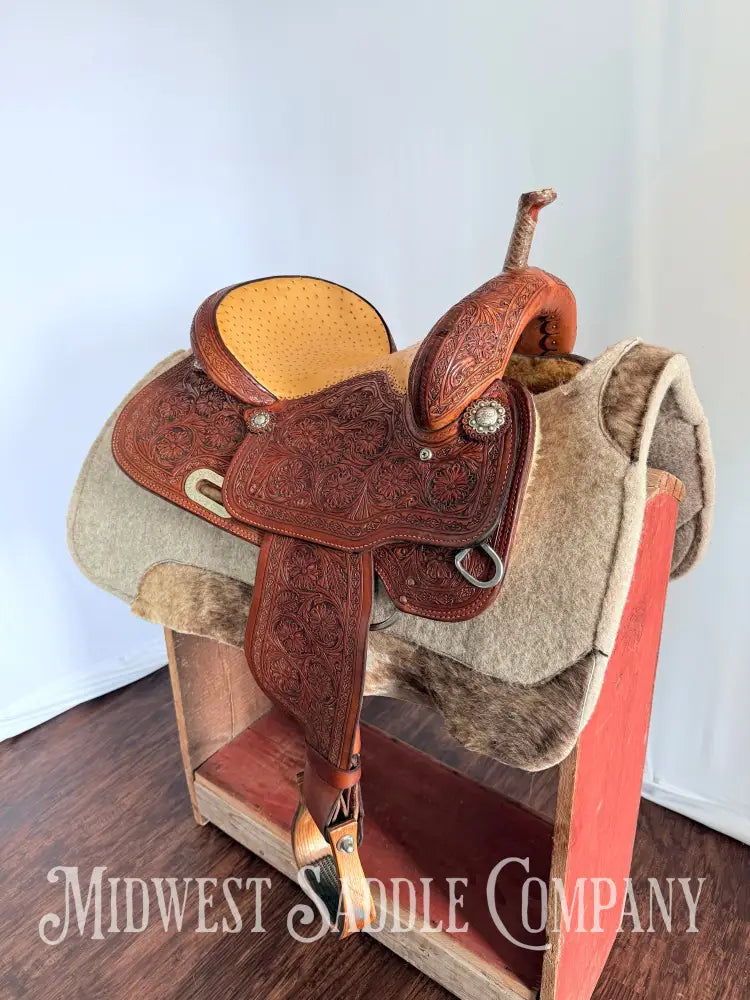 14” Paul Taylor Saddle Co. Western Barrel Saddle Ostrich Seat Fully Tooled
