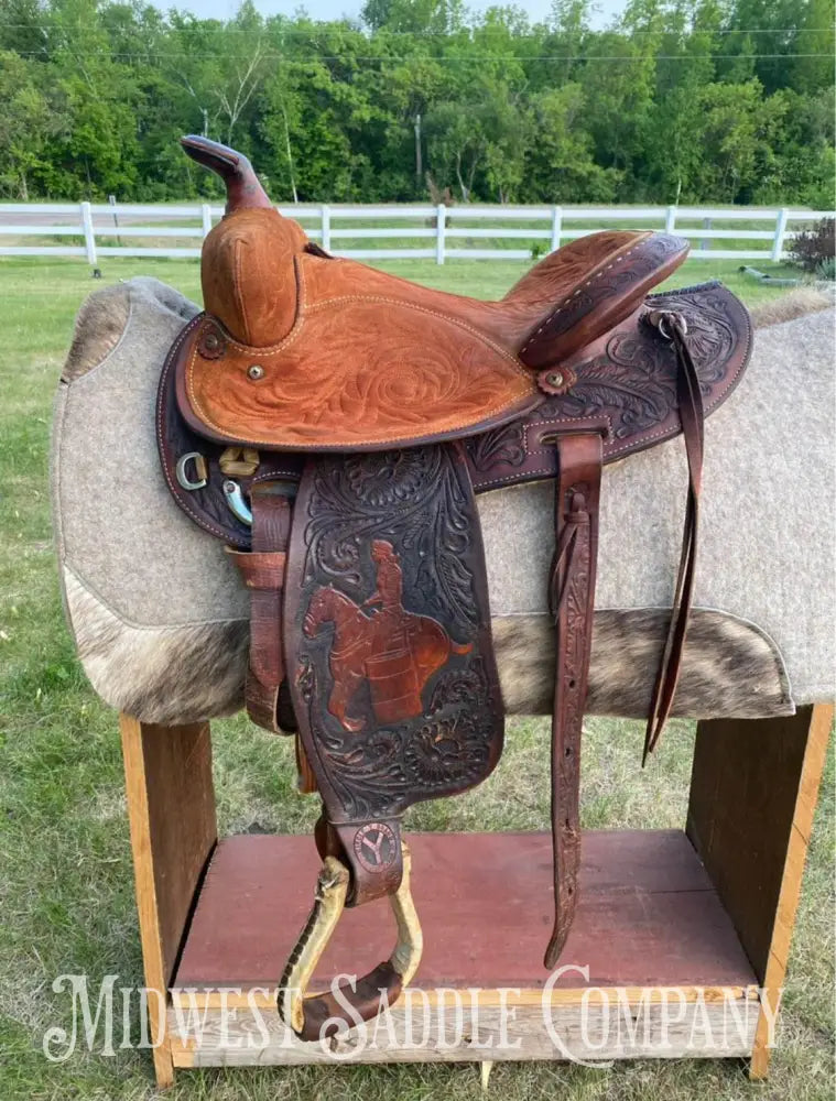 14’ Vintage Circle Y Tooled Barrel Racer Western Rodeo Saddle