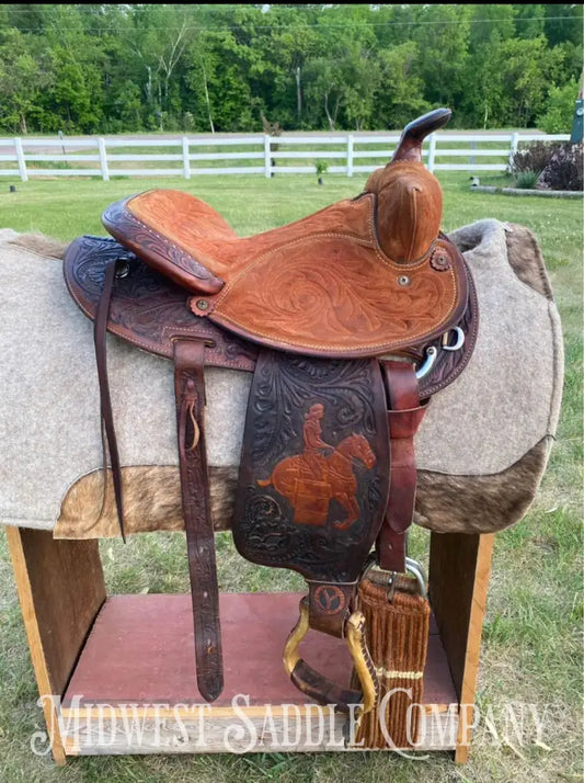 14’ Vintage Circle Y Tooled Barrel Racer Western Rodeo Saddle