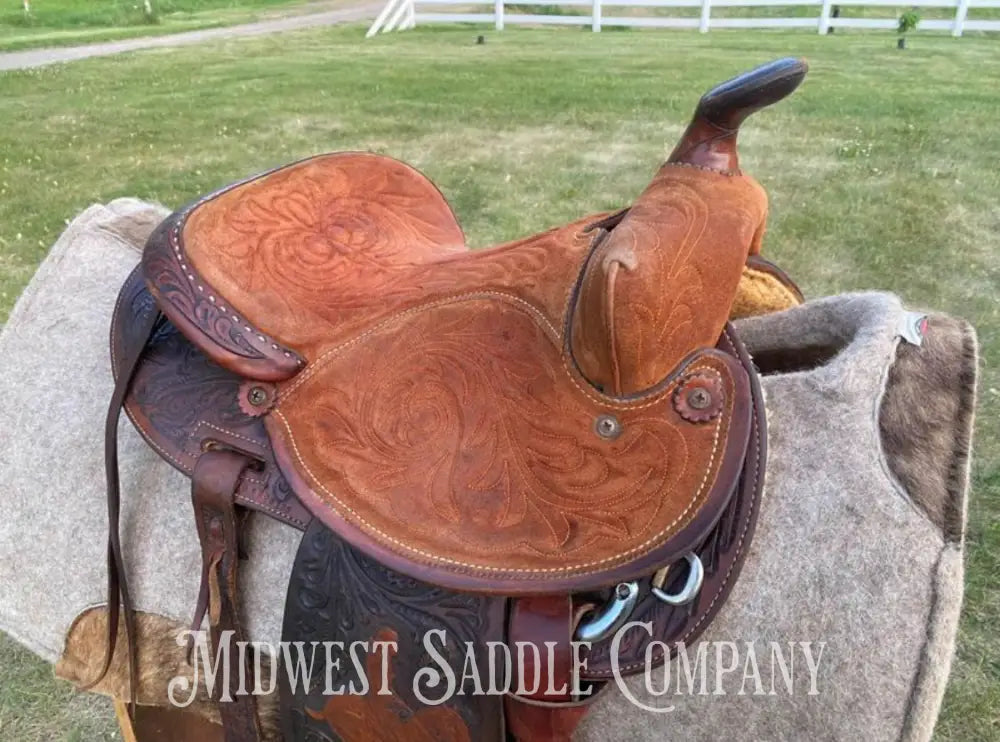 14’ Vintage Circle Y Tooled Barrel Racer Western Rodeo Saddle