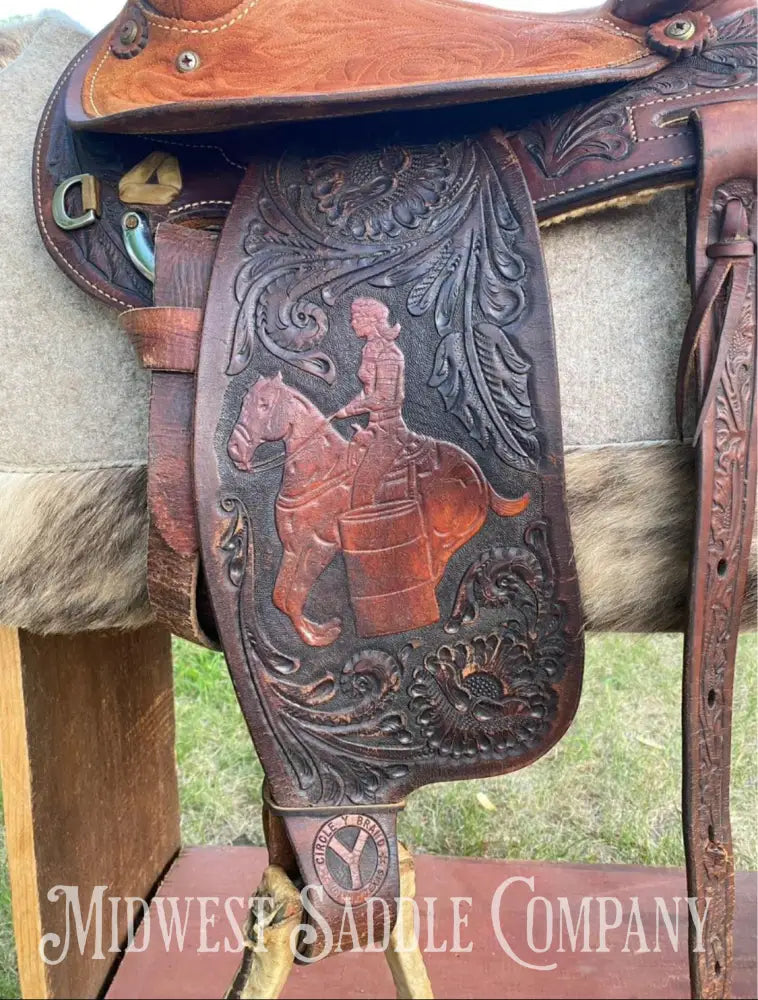 14’ Vintage Circle Y Tooled Barrel Racer Western Rodeo Saddle