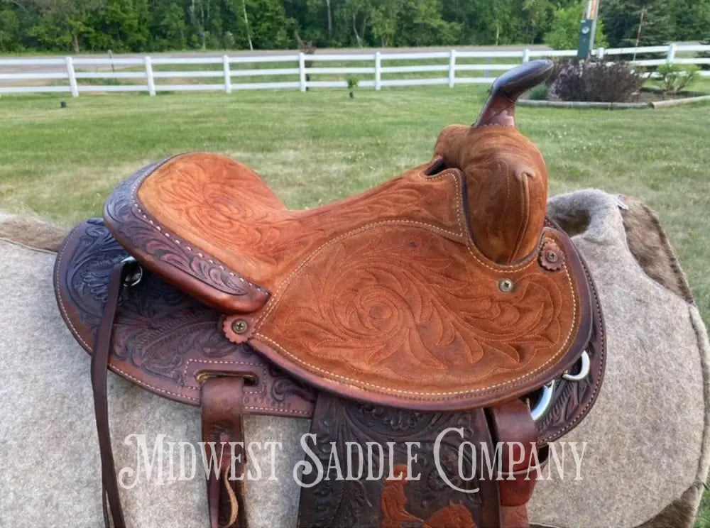 14’ Vintage Circle Y Tooled Barrel Racer Western Rodeo Saddle