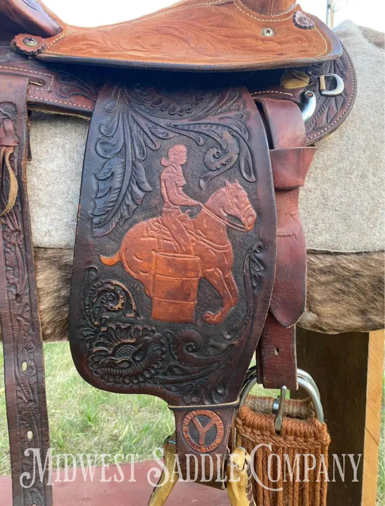 14’ Vintage Circle Y Tooled Barrel Racer Western Rodeo Saddle