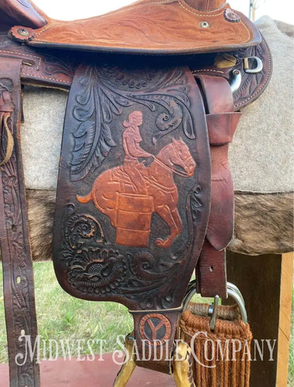 14’ Vintage Circle Y Tooled Barrel Racer Western Rodeo Saddle