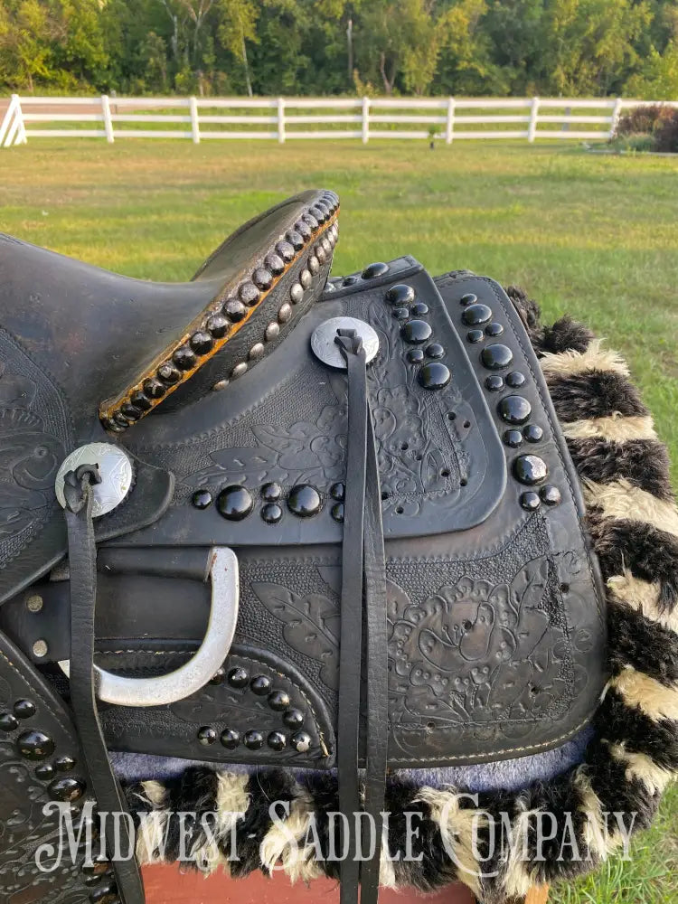 14’ Walter L. Newell Studded Parade Saddle W/ Tooled Tapaderos Newell’s Shop - St. Louis Mo Western