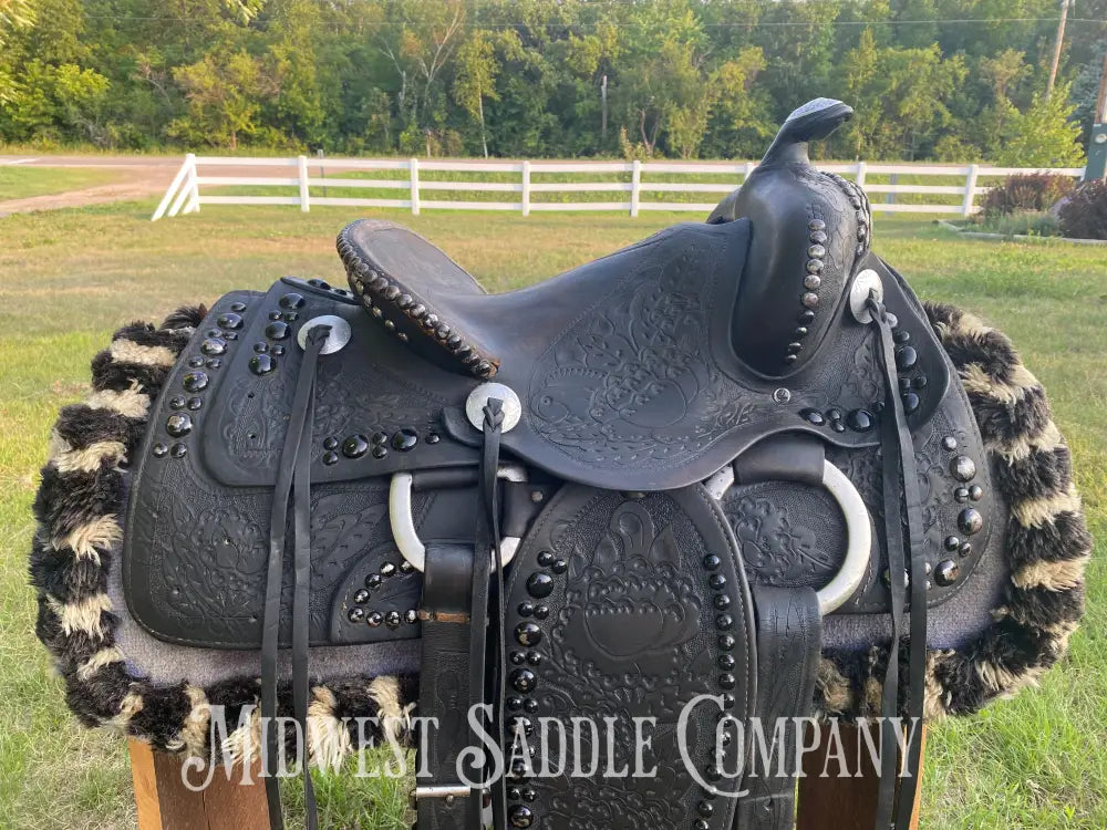 14’ Walter L. Newell Studded Parade Saddle W/ Tooled Tapaderos Newell’s Shop - St. Louis Mo Western