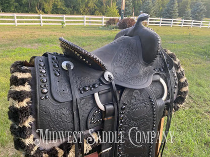 14’ Walter L. Newell Studded Parade Saddle W/ Tooled Tapaderos Newell’s Shop - St. Louis Mo Western