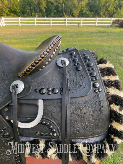 14’ Walter L. Newell Studded Parade Saddle W/ Tooled Tapaderos Newell’s Shop - St. Louis Mo Western