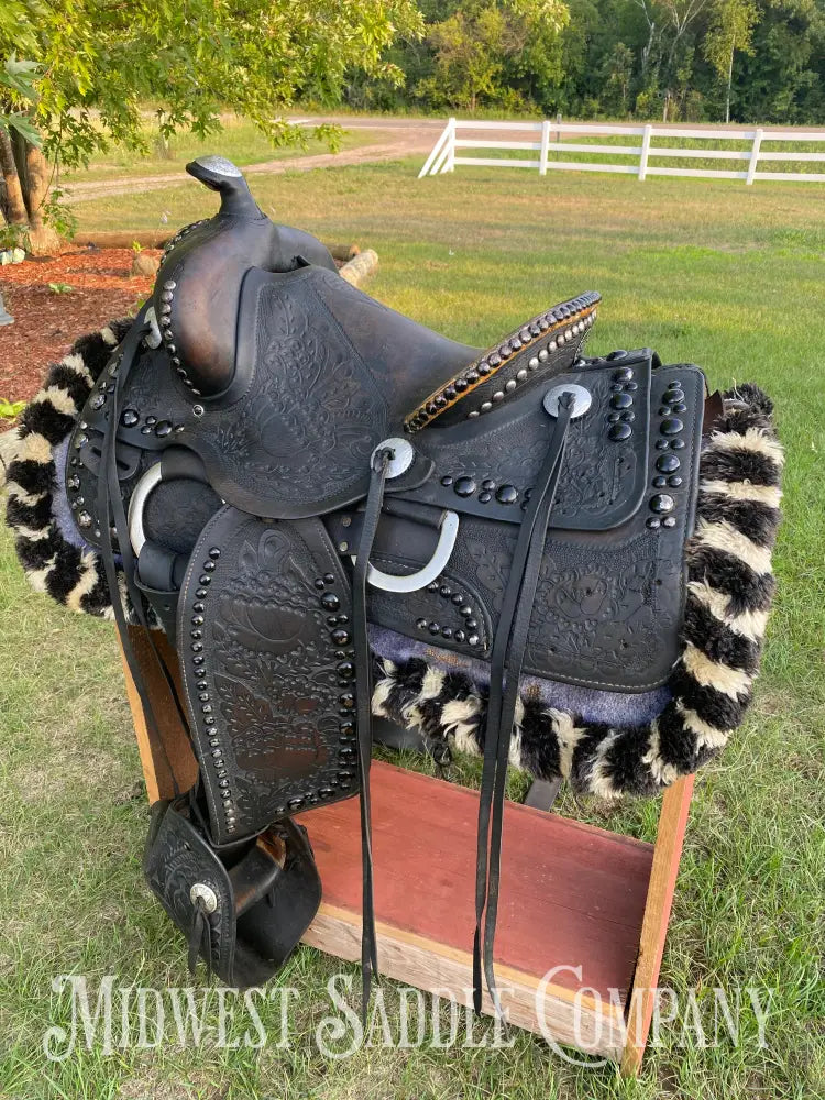 14’ Walter L. Newell Studded Parade Saddle W/ Tooled Tapaderos Newell’s Shop - St. Louis Mo Western