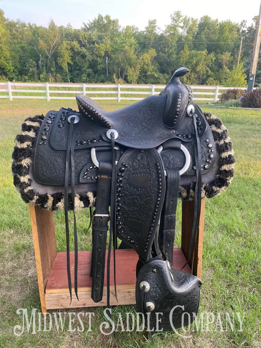 14’ Walter L. Newell Studded Parade Saddle W/ Tooled Tapaderos Newell’s Shop - St. Louis Mo Western