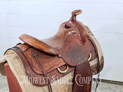 15.5” Tex Tan Hereford Brand Western Saddle Acorn & Oak Leaf Tooling Swivel Stirrups - 6” Gullet