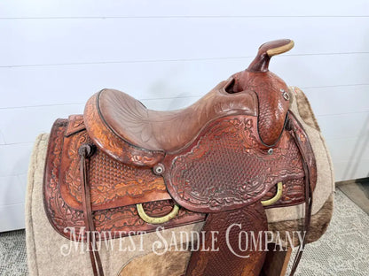 15.5” Tex Tan Hereford Brand Western Saddle Acorn & Oak Leaf Tooling Swivel Stirrups - 6” Gullet
