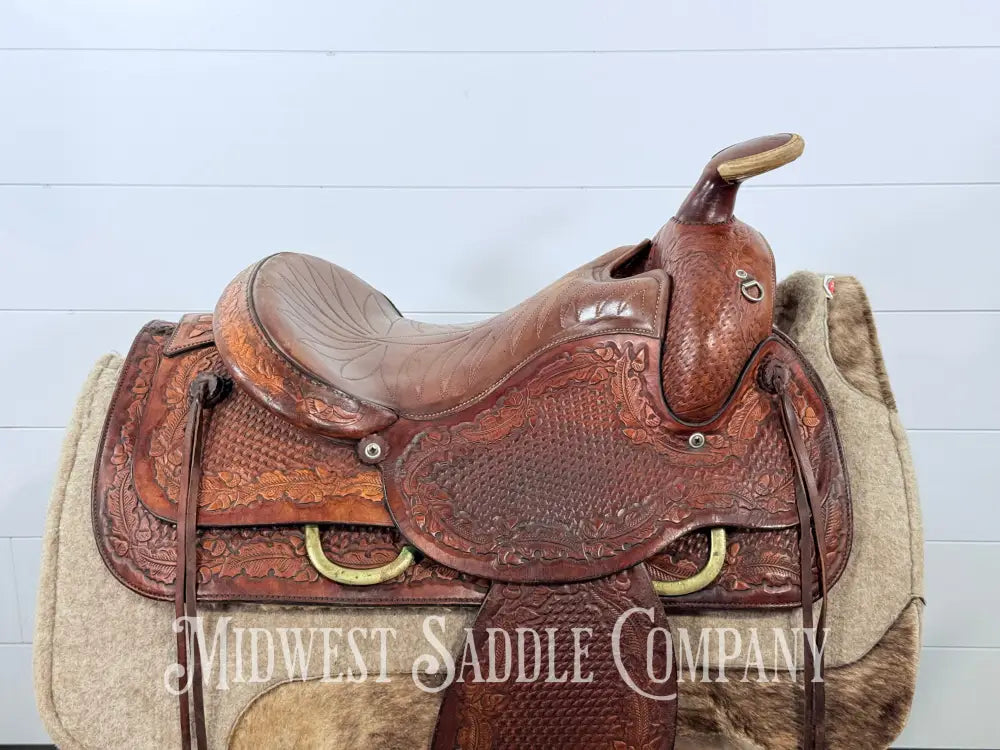 15.5” Tex Tan Hereford Brand Western Saddle Acorn & Oak Leaf Tooling Swivel Stirrups - 6” Gullet