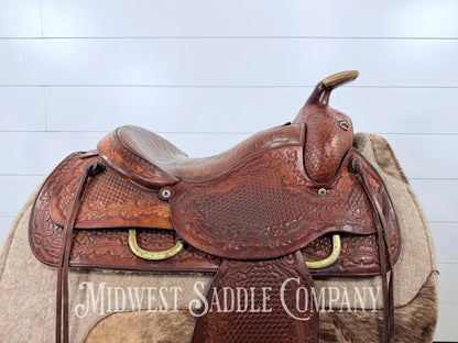 15.5” Tex Tan Hereford Brand Western Saddle Acorn & Oak Leaf Tooling Swivel Stirrups - 6” Gullet