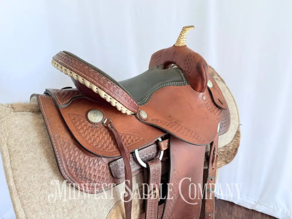 15” Dakota Saddlery Western Barrel Saddle Basketweave Leather Tooling Western Saddle
