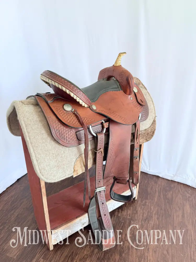 15” Dakota Saddlery Western Barrel Saddle Basketweave Leather Tooling Western Saddle