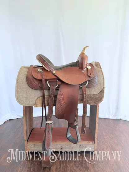 15” Dakota Saddlery Western Barrel Saddle Basketweave Leather Tooling Western Saddle