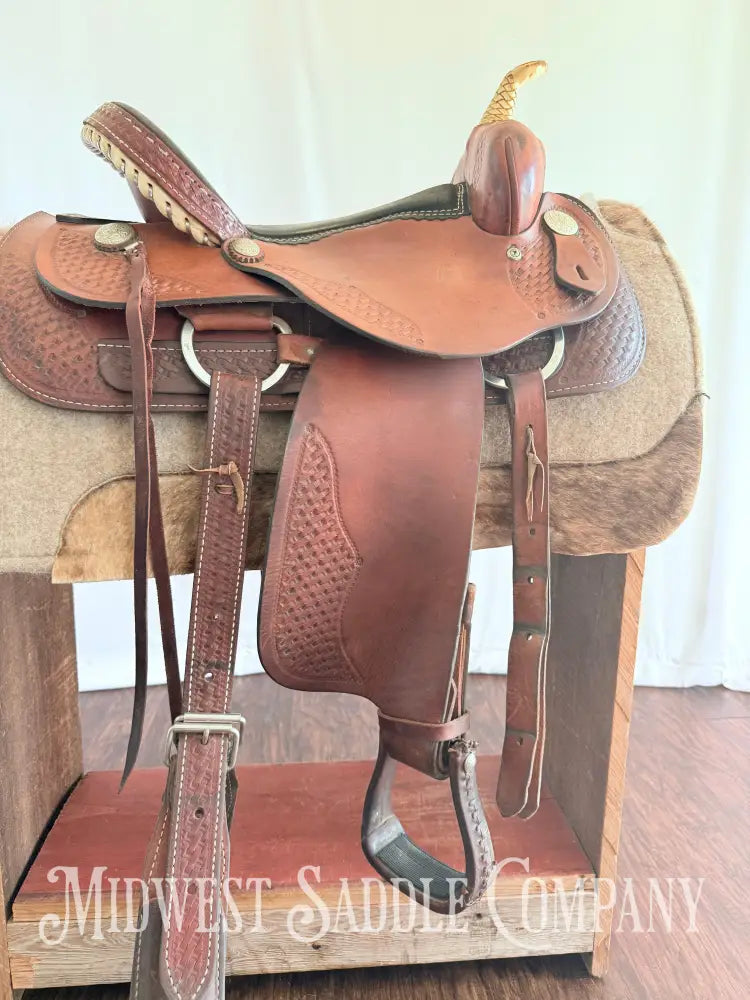 15” Dakota Saddlery Western Barrel Saddle Basketweave Leather Tooling Western Saddle