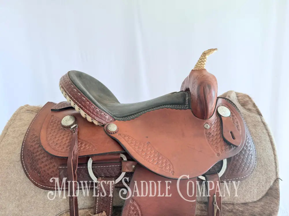 15” Dakota Saddlery Western Barrel Saddle Basketweave Leather Tooling Western Saddle