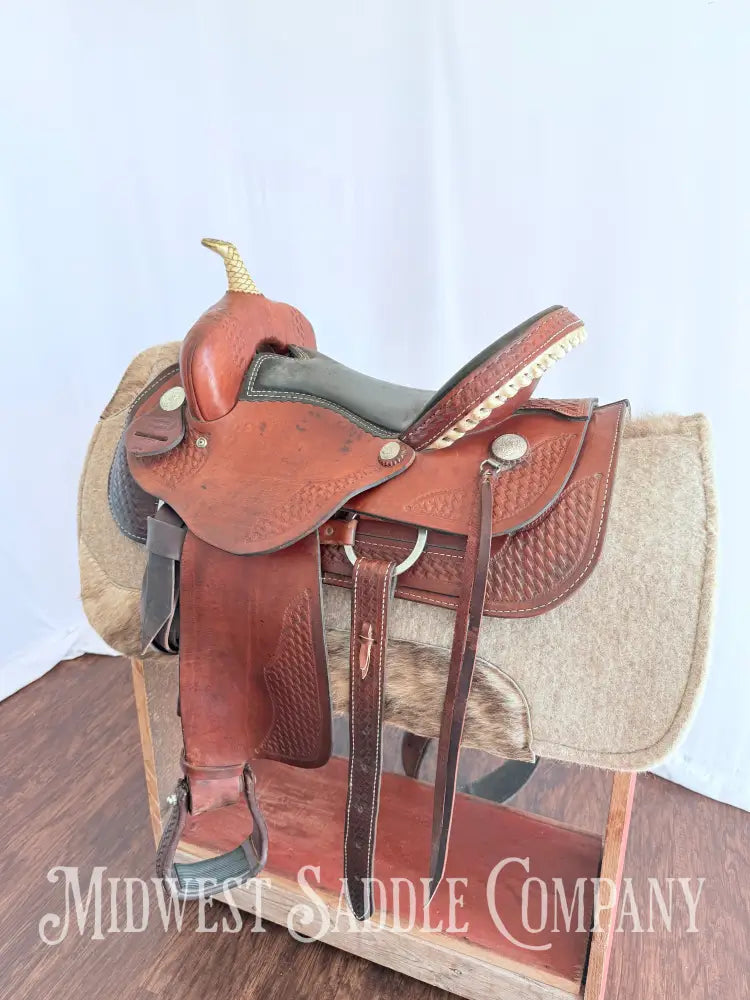 15” Dakota Saddlery Western Barrel Saddle Basketweave Leather Tooling Western Saddle