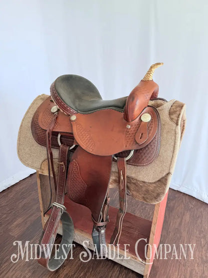 15” Dakota Saddlery Western Barrel Saddle Basketweave Leather Tooling Western Saddle