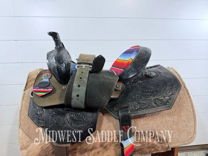 15” Silver Royal Serape Print Black Leather Barrel Saddle Western Saddle