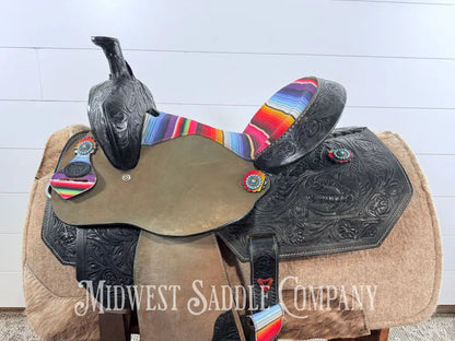 15” Silver Royal Serape Print Black Leather Barrel Saddle Western Saddle