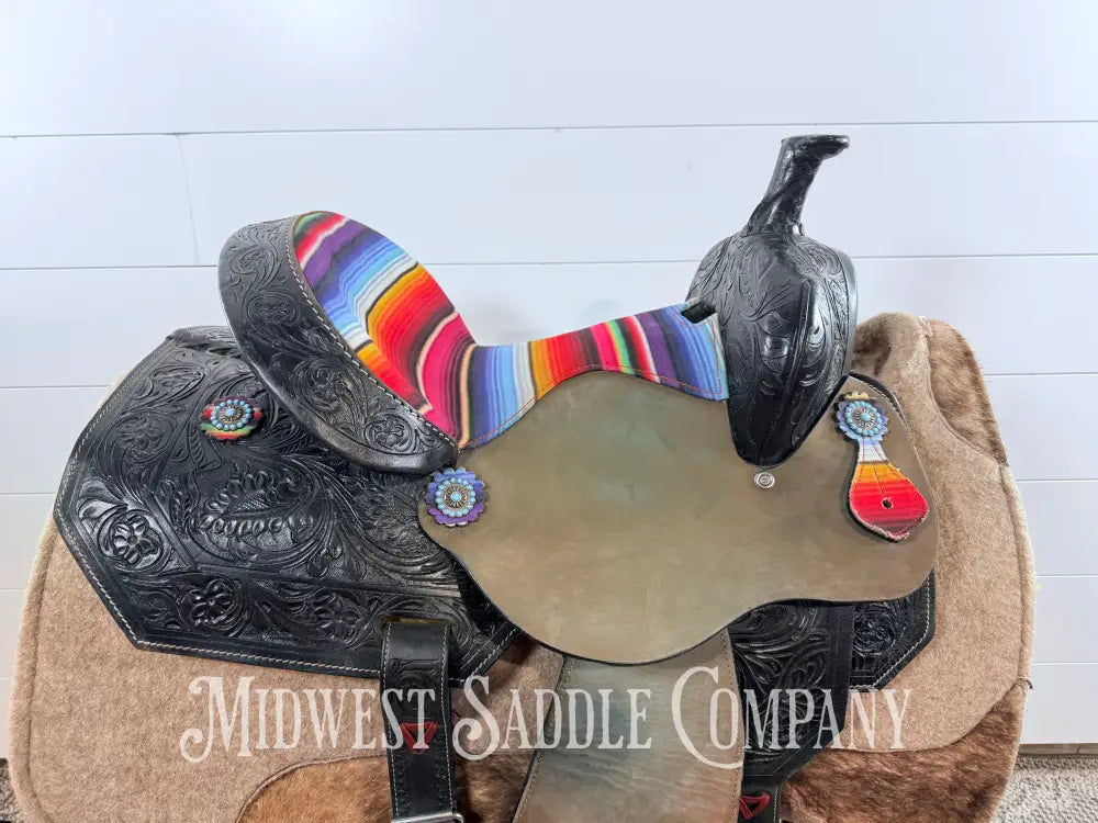 15” Silver Royal Serape Print Black Leather Barrel Saddle Western Saddle