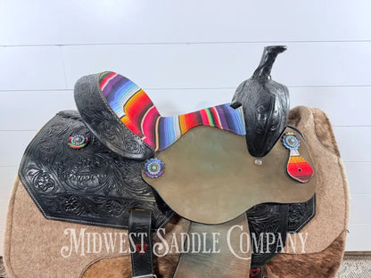 15” Silver Royal Serape Print Black Leather Barrel Saddle Western Saddle