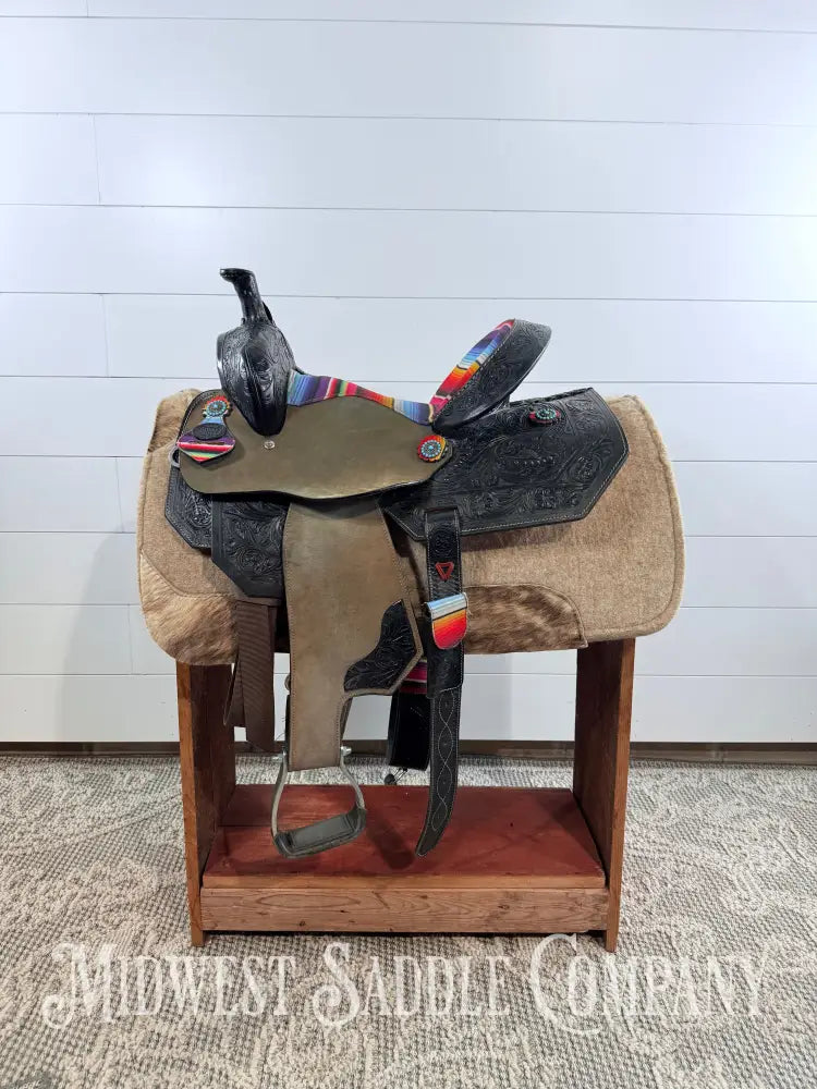 15” Silver Royal Serape Print Black Leather Barrel Saddle Western Saddle