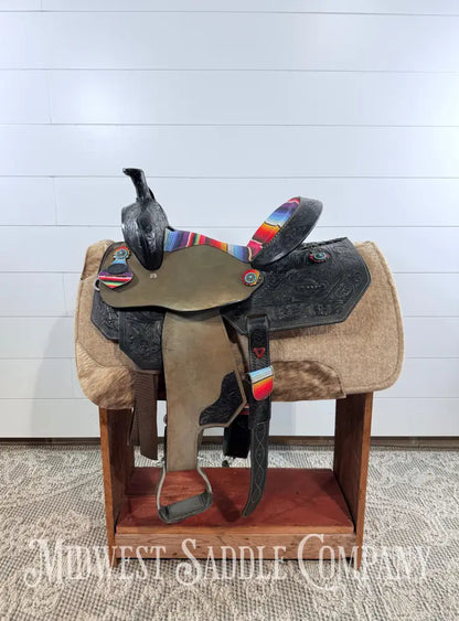 15” Silver Royal Serape Print Black Leather Barrel Saddle Western Saddle
