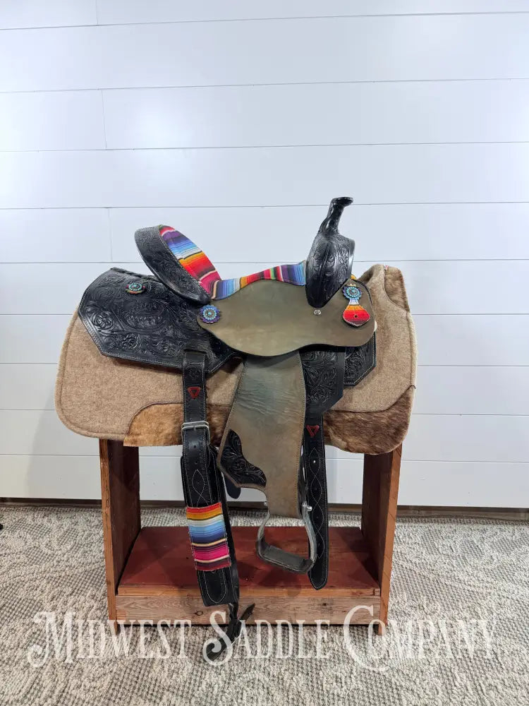 15” Silver Royal Serape Print Black Leather Barrel Saddle Western Saddle